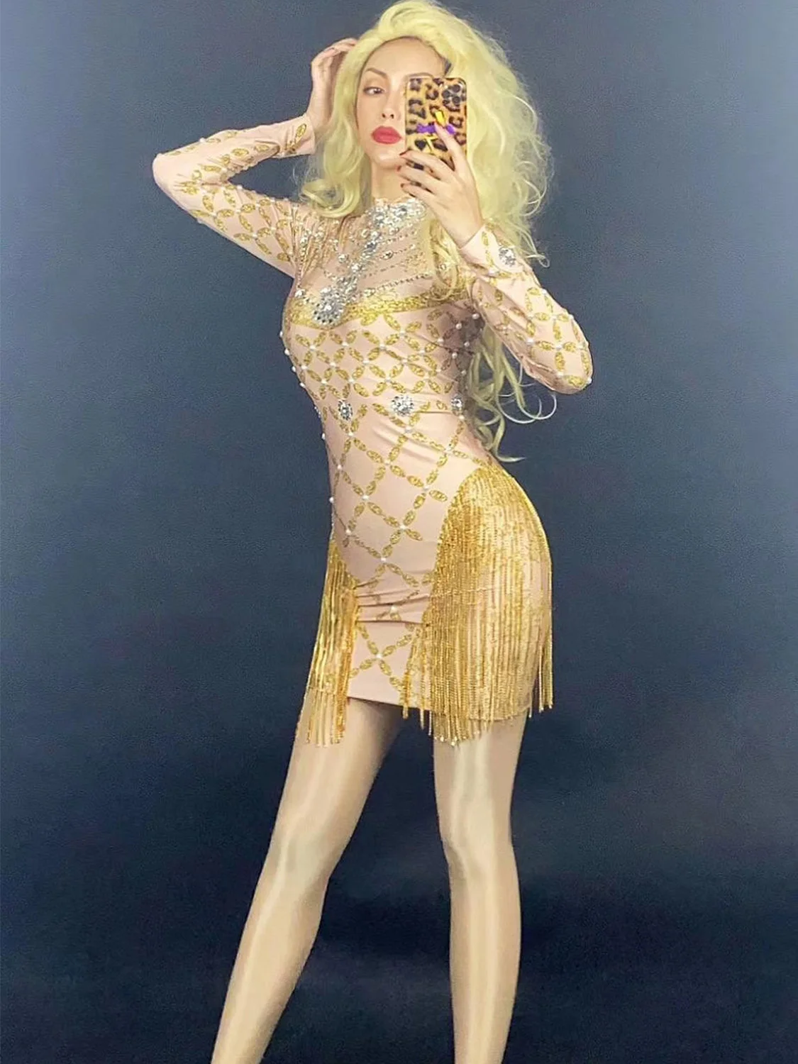 

Long Sleeves Shining Rhinestones Crystal Gold Tassel Sexy Dress For Women Party Club Clothing Stage Singer Costumes Evening Wear