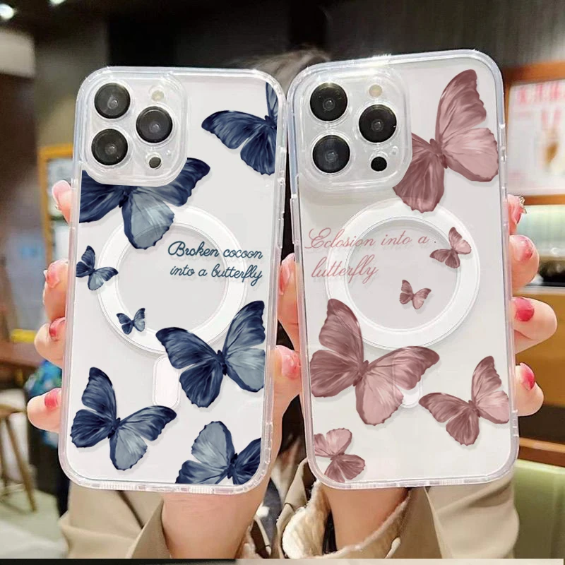 Фото Чехол для iPhone 17, Air 16E 16, 15, 14, 13 Pro Max Plus, мини-чехол с магнитной беспроводной зарядкой Magsafe Butterfly Y2K №3