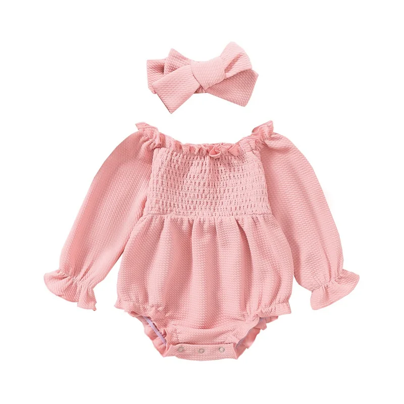 

Baby Girls Romper Set Long Sleeve Off-shoulder Pleated Romper with Hairband Fall Outfit