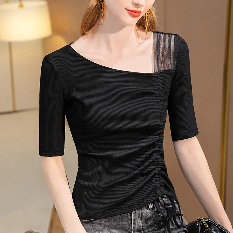 

High Quality 2022 Women T-shirt Drawstr Design Female Autumn Winter Sexy Crop Top Clothes Casual Fashion Blouses Grace Meeting