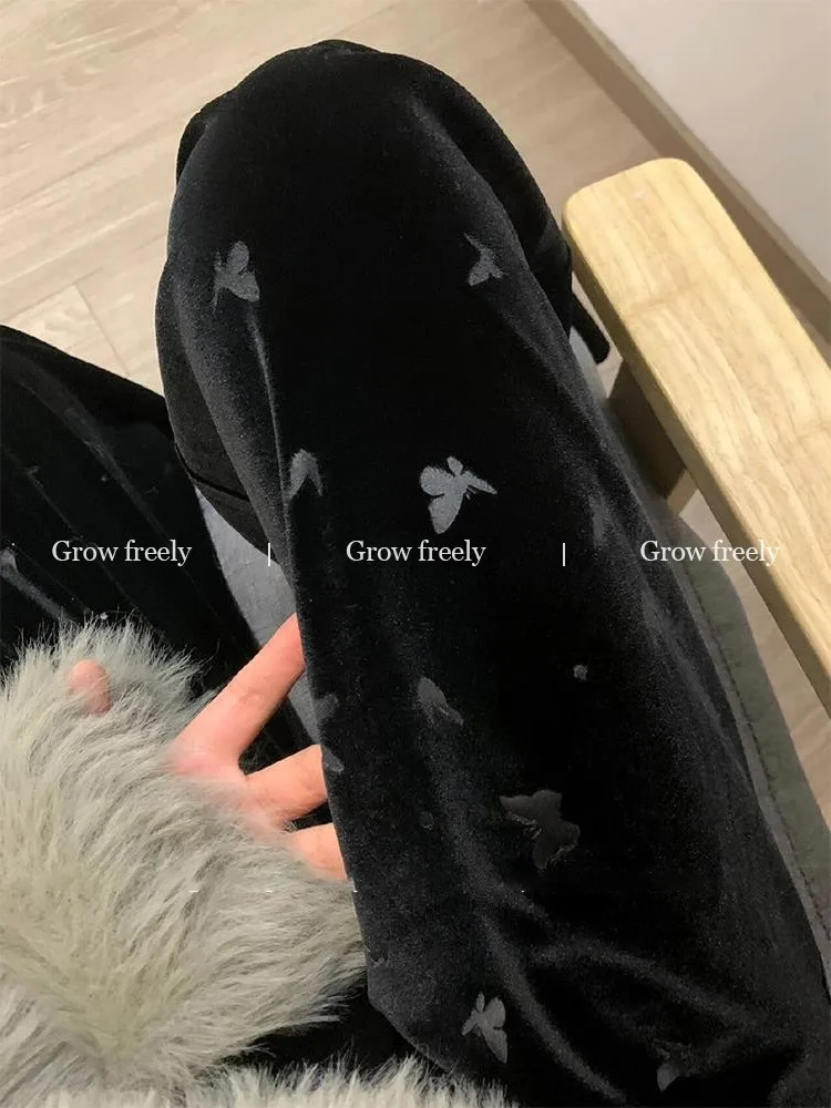 Plus Size w Freely Black Print Velvet Casual Pants Women Autumn and Winter Fleece-lined High Waist Slimming Straight