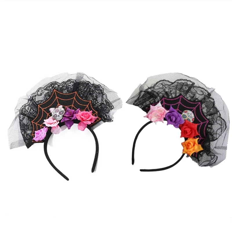 

Adult Kids Day of The Dead Spiderweb Headband Artificial Flower Skull Halloween Hair Hoop Lace Mesh Cosplay Headpiece