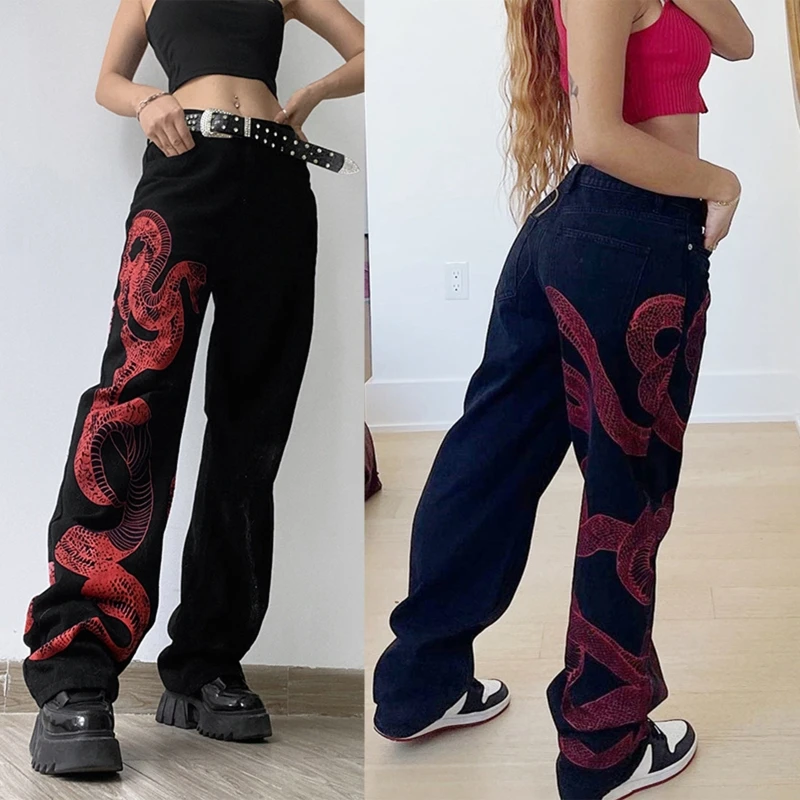 

Women Gothic Punk High Waist Straight Jeans Harajuku Hip Hop Vintage Snake Printed Pants Baggy Loose Hippie Trousers 10CE