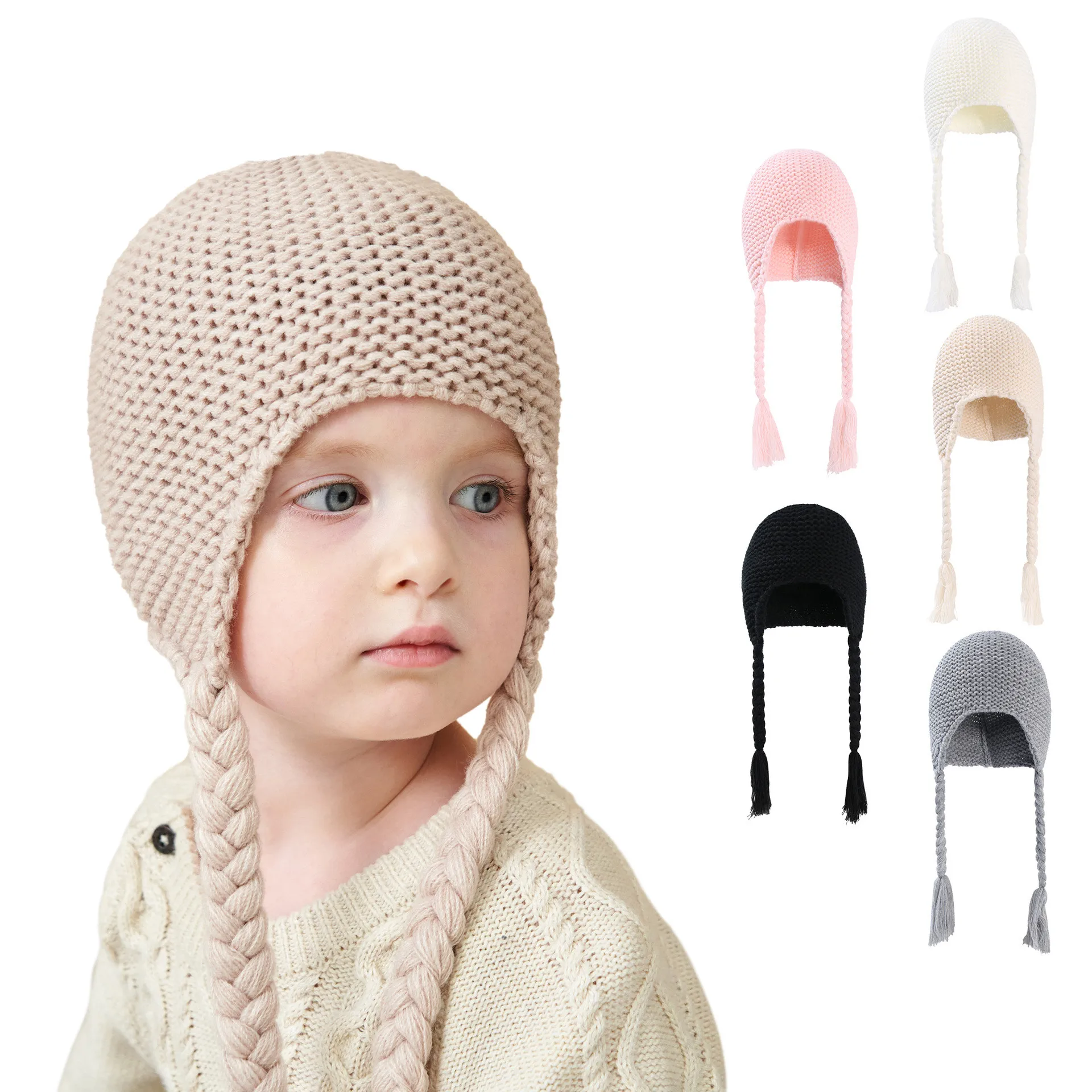 

Cute Winter Crochet Baby Girl Hat With Wig Braids Soft Infant Toddler Cap Beanie Solid Color Kids Knitted Warm Bonnet Hat 2022
