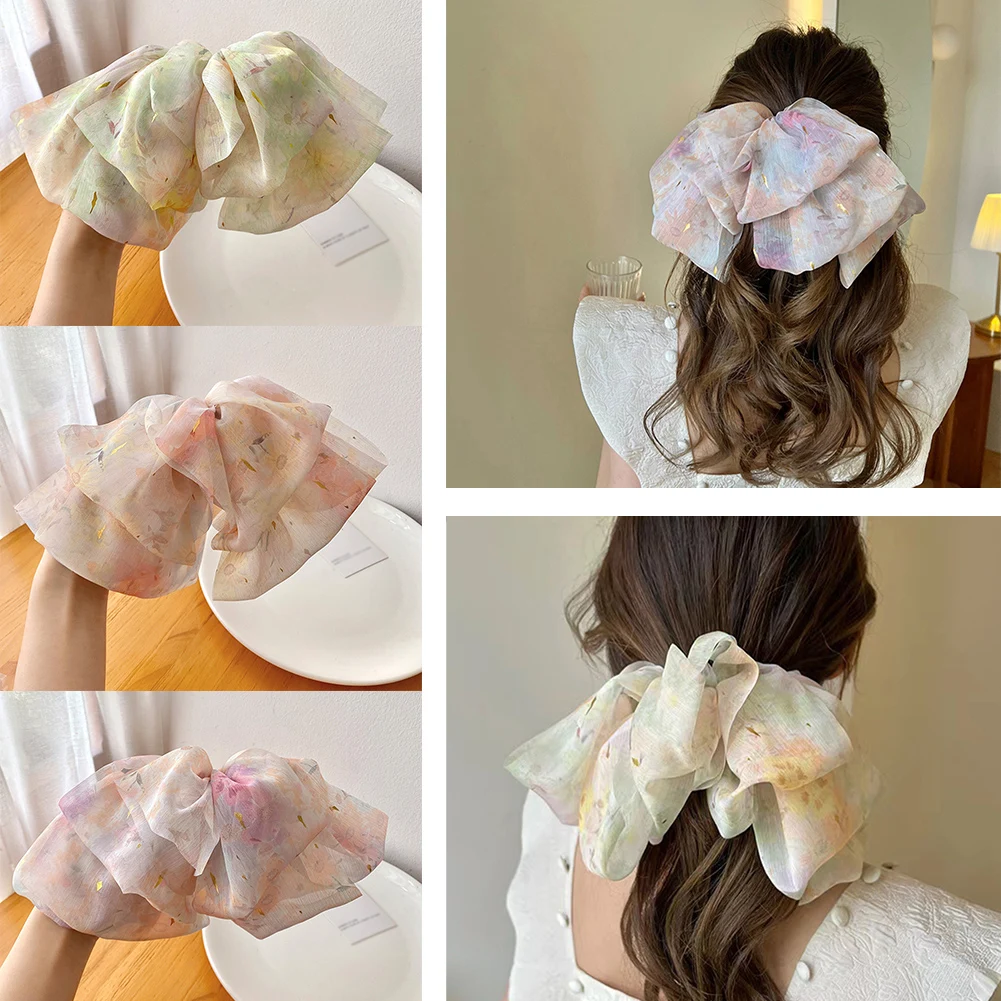 

Заколки для волос с большим бантом и цветочным принтом, заколка-пряжка с бантом и узлом, Длинная лента, аксессуары для волос для женщин и дев...