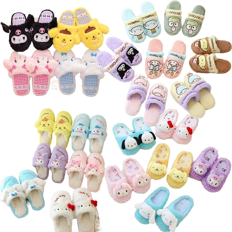 

Kawaii Sanrio Kuromi My Melody Cinnamoroll Purin Dog Pachacco Cotton Slippers Cute Winter Thick Warm Plush Shoes Home Slipper