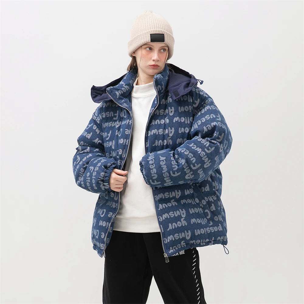 Autumn Winter Denim Cotton Jacket Warm Women Clothes Full Letter Printing Fashion High Street Coats Hip Hop Trend Cotton Jackets