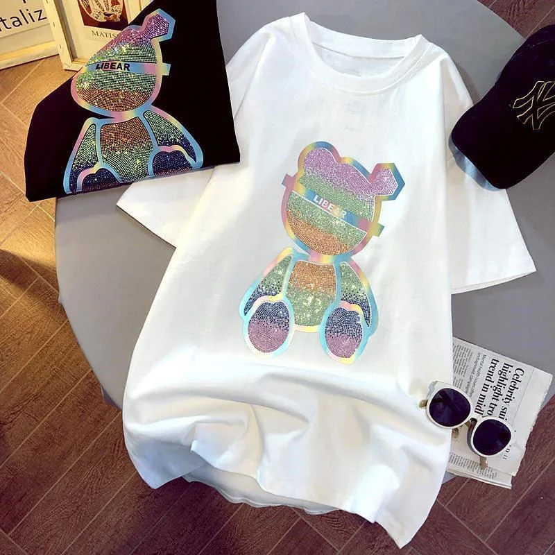 

2022 Summer New Heavy Industry Hot Drill Color Bear Loose Top T-Shirt Women