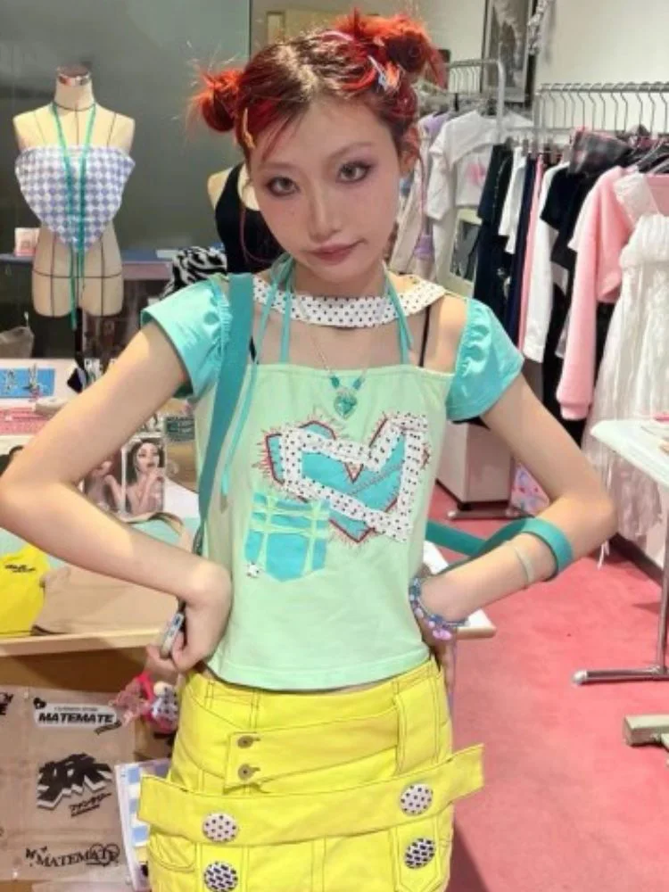 

Harajuku Crop Top Women 2023 Summer Short Sleeve Cute Top Y2k Aesthetic Vintage Slim Sweet Tees Heart Print Fairy T-shirts