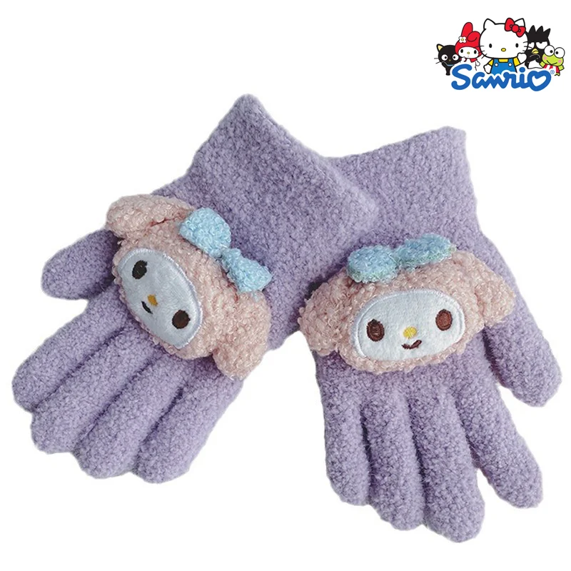 

Sanrios Plush Gloves Autumn Winter Thickened Warm Cotton Knitted Gloves Girls Christmas Gift Anime Children Five-Finger Gloves