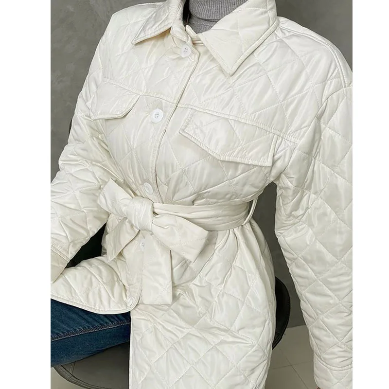 Ardm Casual Button-Up White Winter Jacket Women 2022 Long Sleeve Top Single Breasted With Belt Quilted Coats Cotton Outerwear