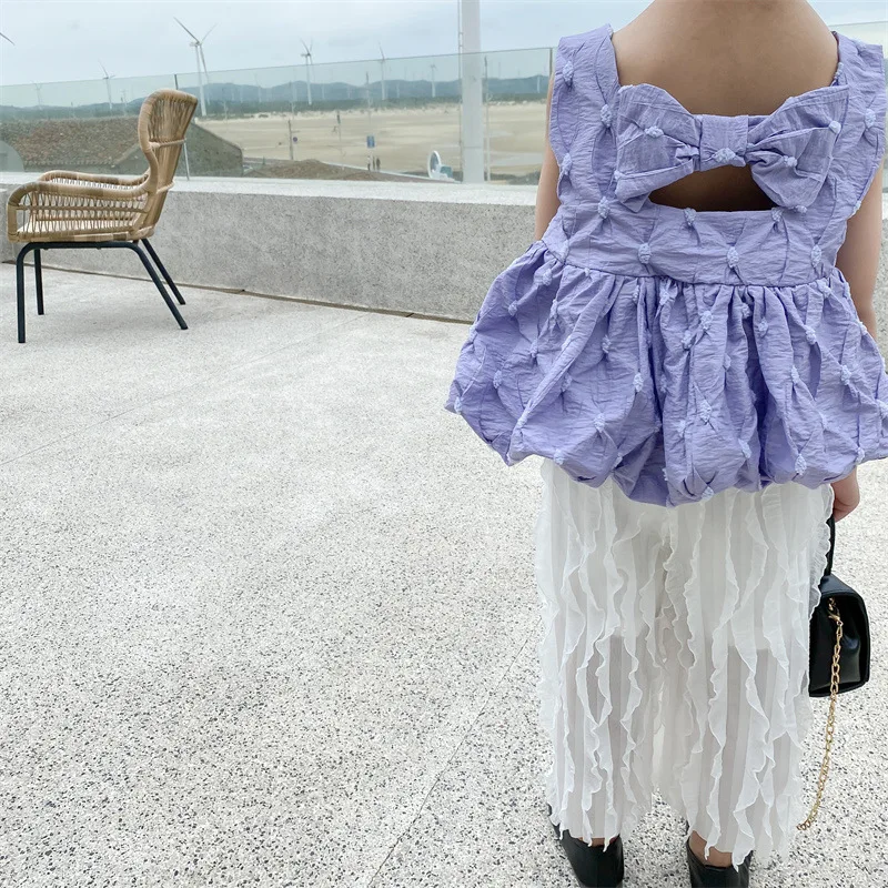 

Mi Do Do 2022 Summer Girl Bow Purple Sleeveless Blouse + Waveselvedge Pants 2Pcs Suit Children O-Neck Shirt Set Outfit For Kid