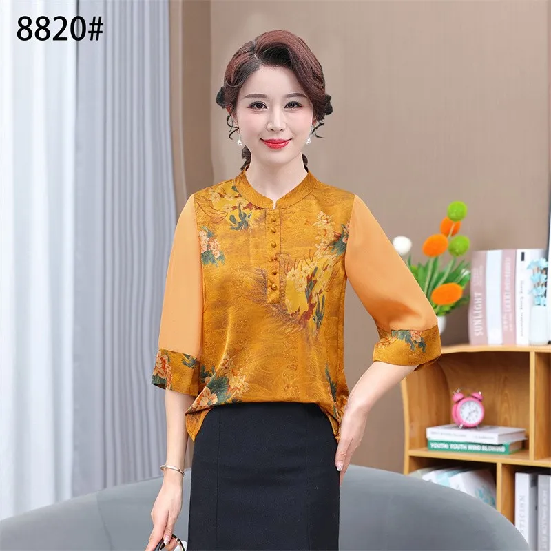 

Middle-aged Women's Blouse Summer 2023 New Loose Print Elegant Female Blouses Vintage Half Sleeve Women Shirts Summer Clothes