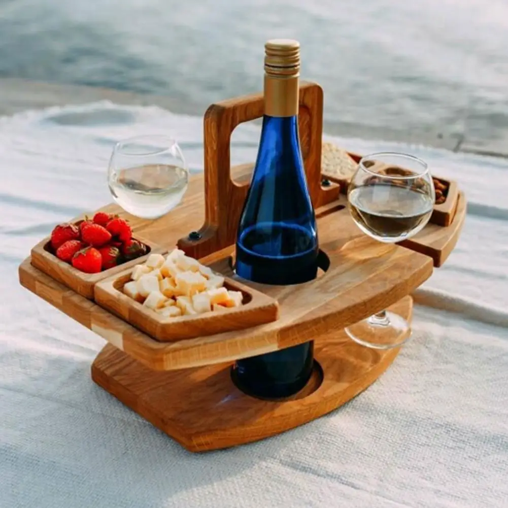 Mesa de vino plegable para exteriores, soporte extraíble para copas de vino, bandeja de aperitivos para fruta, mesa de Picnic de madera portátil con asa de transporte