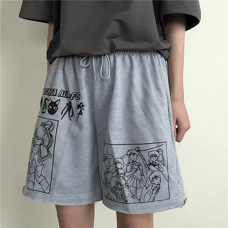 2023 Letter Cartoon Sports and Leisure Loose Wild Student Was Thin High Waist Shorts Printed Elastic Waist Shorts Shorts Loose