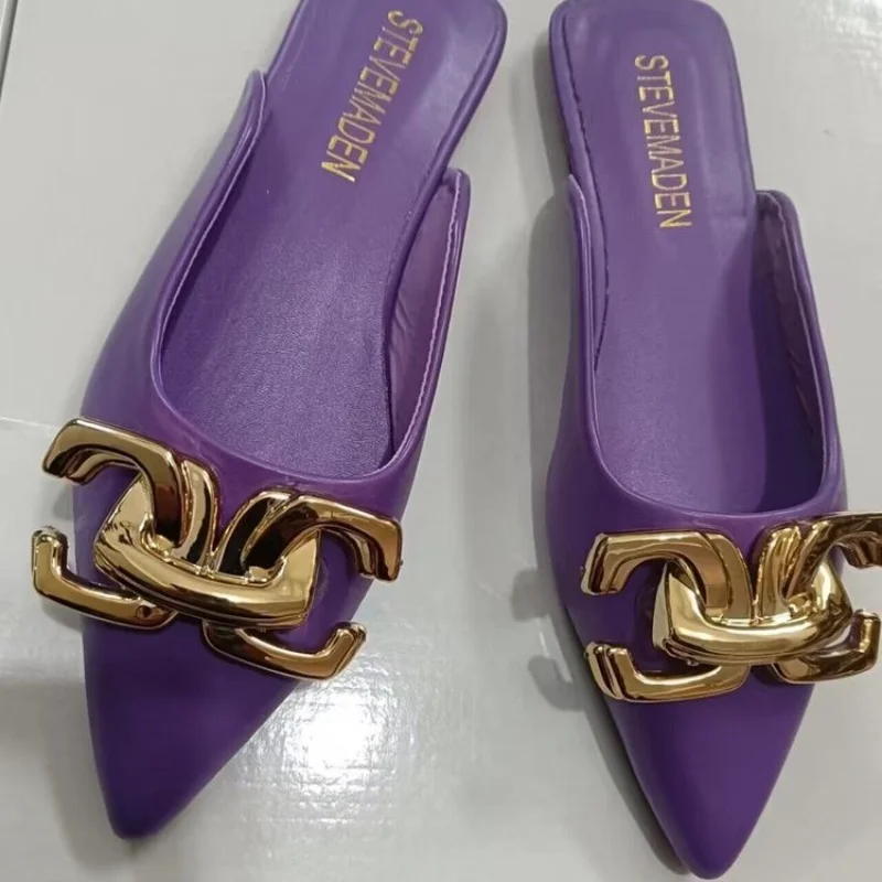 Women's Casual Mules Shoes 2023 Summer Fashion Metal Chain Flats Pointed Toe Slippers Ladies Outside Slides Plus Size 42 Sandals
