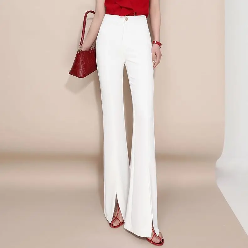 

White slit trousers women's spring and summer high waist slim fit drape flared trousers front slit women's trousers