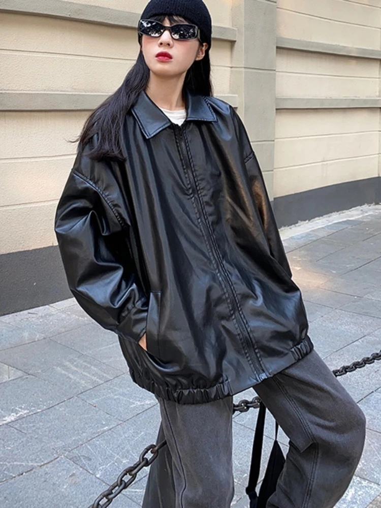 Korean Black Leather Jacket Women 2022 Autumn Loose Thin Long Biker Jacket Female Zipper Streetwear Fashion Harajuku Y2K Coat