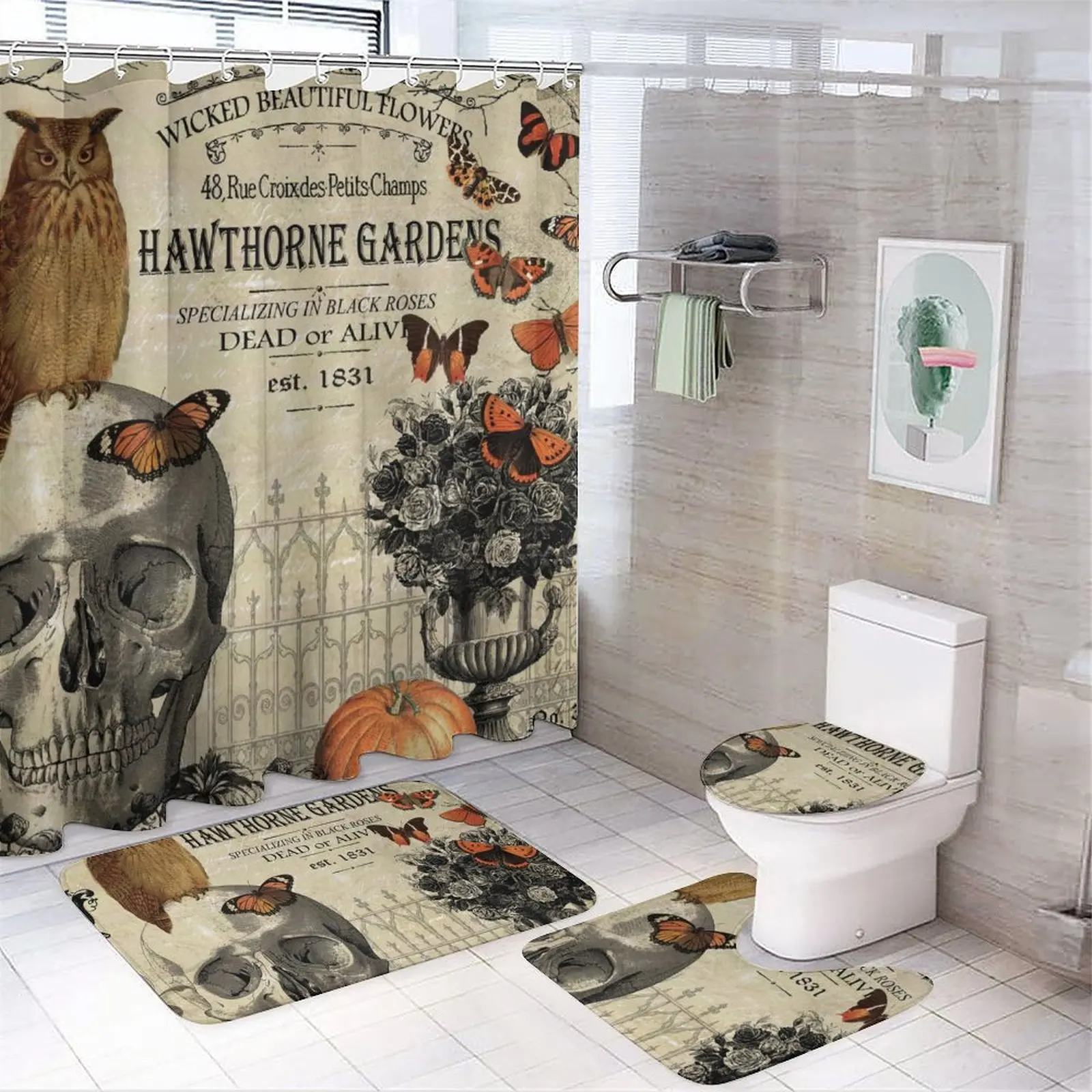

DecorationSet of 4 Printed Shower Curtain Decoration Bathroom Waterproof Cover Screen Cushion Toilet Cover