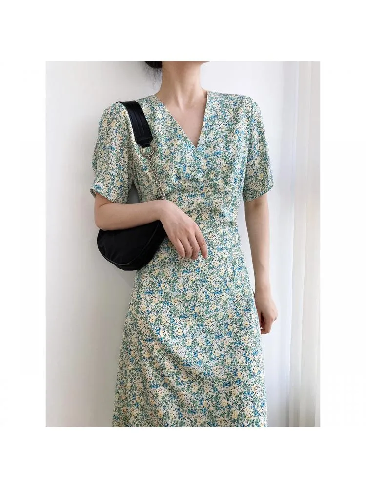 

V-Neck Oil Painting Floral 2022 Summer French Style Retro High Waist Puff Sleeves Tea Break Long Chiffon Dress Women