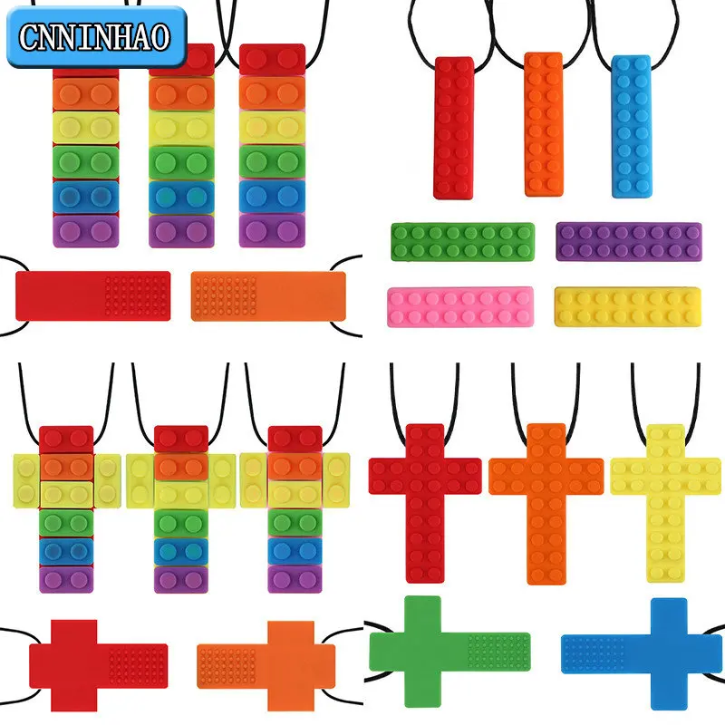 

Baby Teethers Rainbow Brick Sensory Chew Necklace Teething Autism Biting Chewing Silicone Baby Care BPA Free Beads Newborn Items