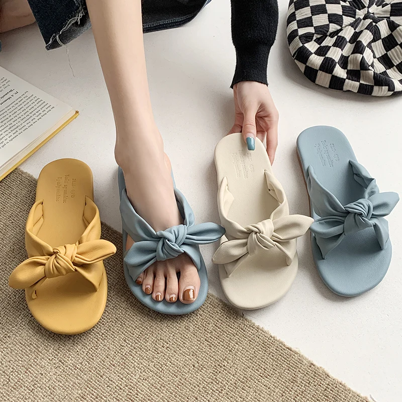 

Women's Summer Sandals One Line Flat Slippers With Bows Fashionable And Versatile Anti Slip Women's Slippers Soft Soled Shoes