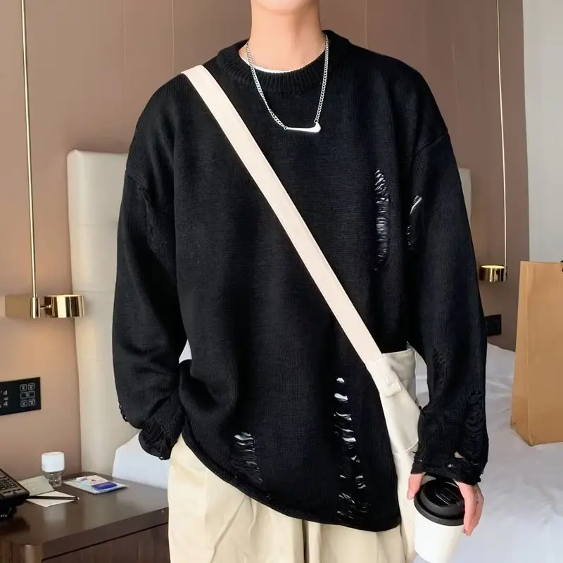 

Мужской осенний свободный свитер Broken в стиле хип-хоп, японский винтажный базовый свитер, уличный Мужской Повседневный пуловер