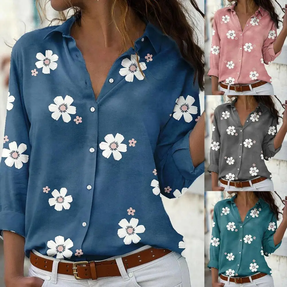 

Turn-Down Collar Long Sleeve Women Shirt Spring Fall Buttons Closure Floral Print Sweet Shirt Ladies Clothing