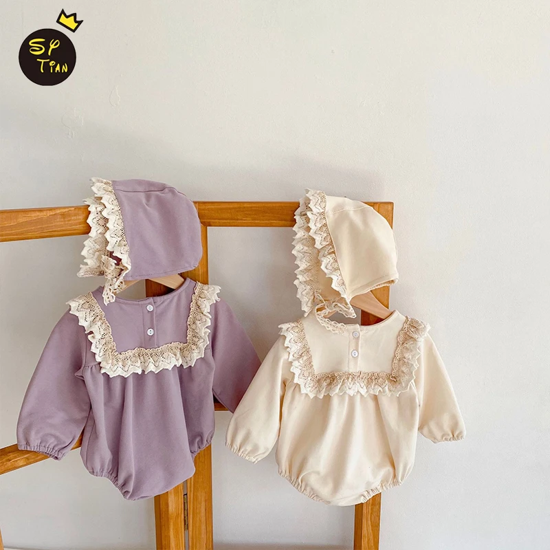 

2022 INS Korean Style Infant Baby Romper Ruffle Edge Collar And Hat Lovely Newborn Girls Cotton Full Sleeve Spring Jumpsuits