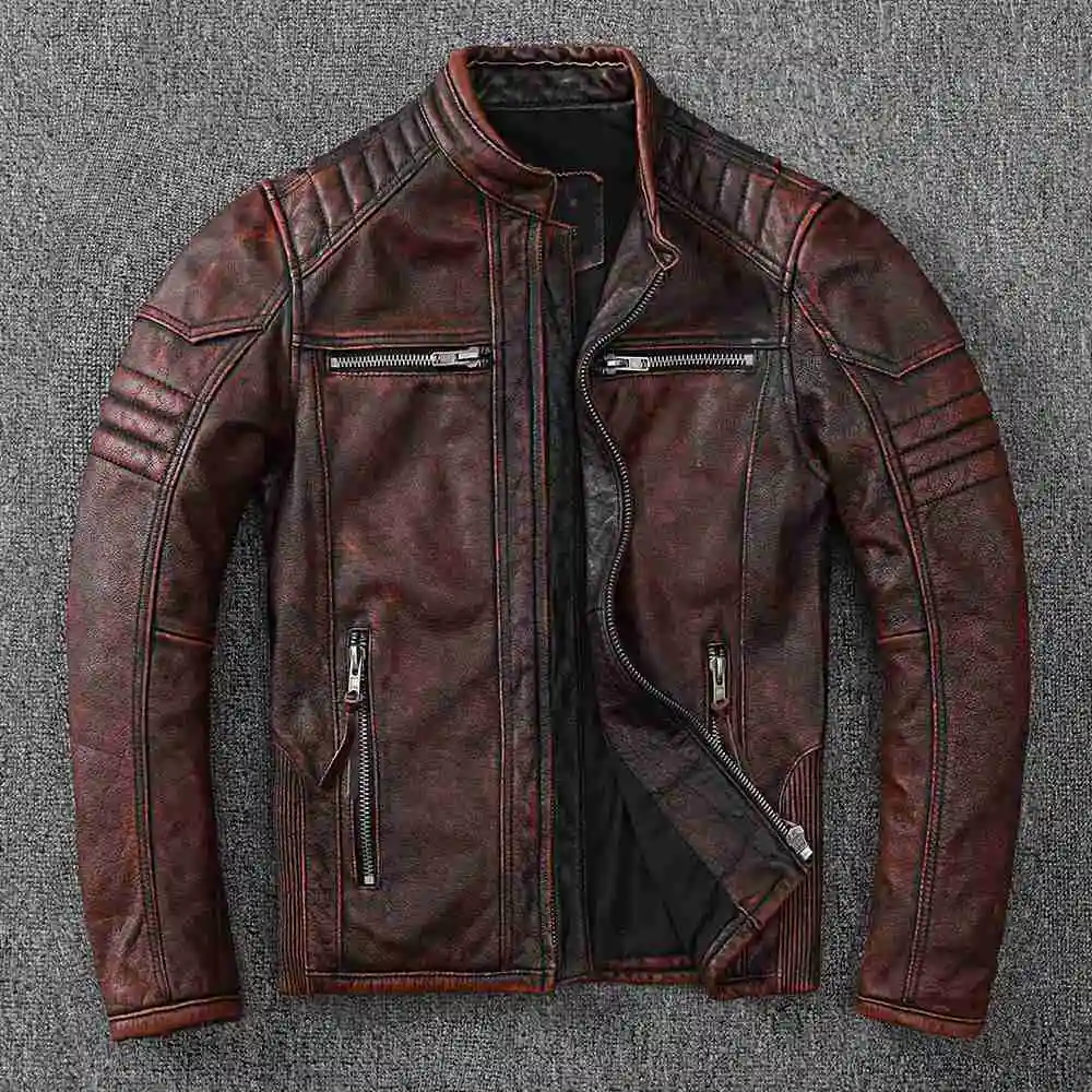 

Куртка мужская из натуральной воловьей кожи, стильная винтажная Байкерская мотоциклетная одежда в стиле ретро, осеннее пальто