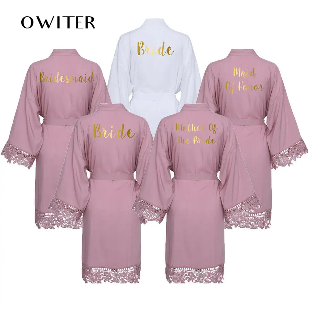 Solid Cotton Bride Robes Lace Trim Bridal Robe Bridesmaid Wedding Robes Bathrobe Sleepwear with Belt Dressing for Women