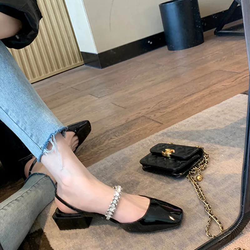 2022 Low Heel Square Toe Fashion Crystal Shoes Women Leather Pumps One-word Drill Belt Thick Heel Mary Jane Sandals Women Pumps