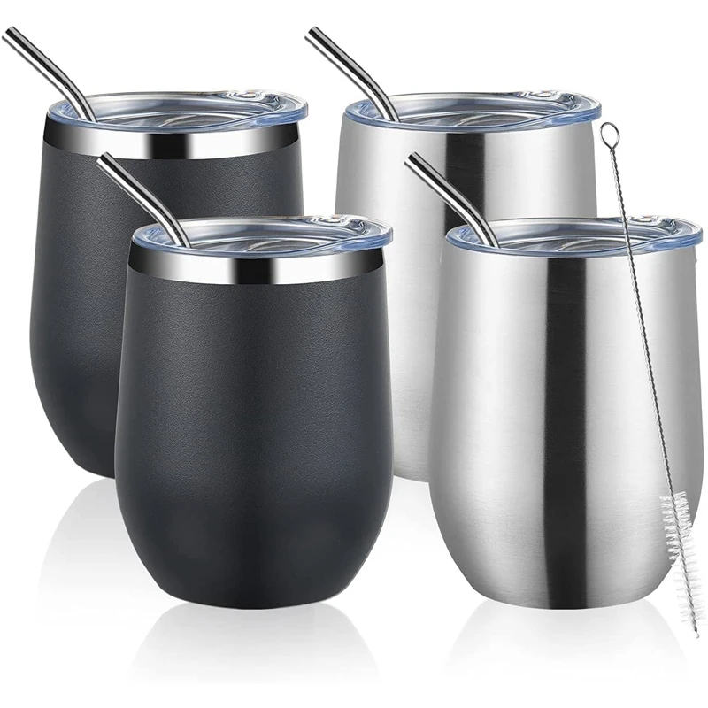 

12Oz/4 PACK Wine Tumbler Stainless Steel Glasses With Lid And Straw, Double Wall Vacuum Insulated Wine Tumbler