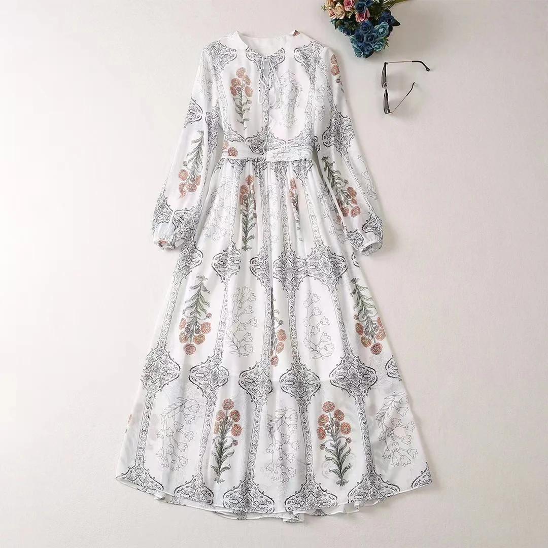 

Женская одежда в европейском и американском стиле, Новинка осени 2023, модное плиссированное платье с круглым вырезом и длинным рукавом, с принтом, XXL