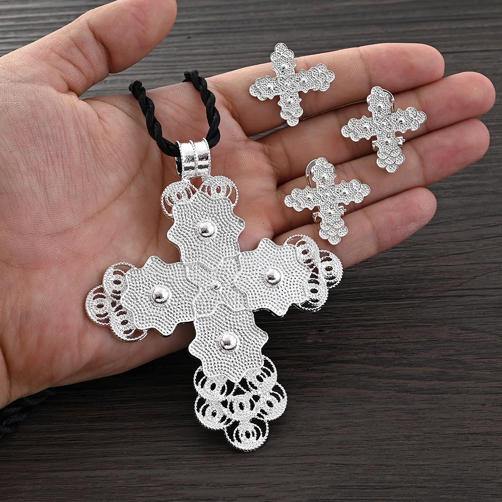 

African Silver Color Cross Jewelry Sets Ethiopian Eritrea Pendant Earrings Rings for Women Girls Engagement Things