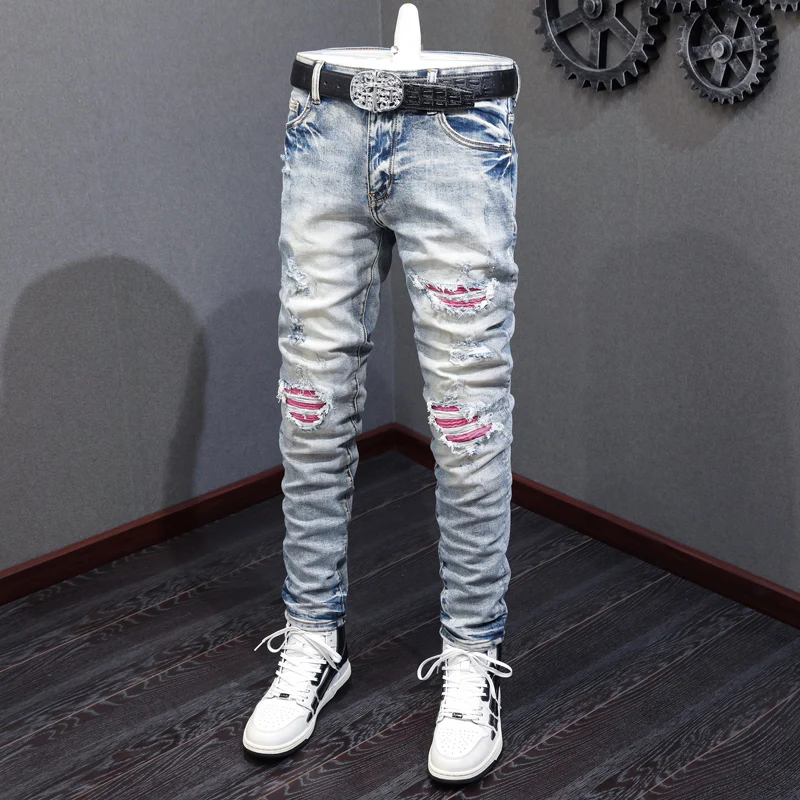 High Street Fashion Men Jeans Retro Light Blue Elastic Skinny Ripped Jeans Men Pink Patched Designer Hip Hop Brand Pants Hombre