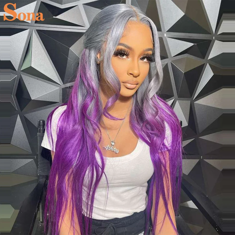 Парик из натуральных волос с эффектом омбре светло-серый фиолетовый волнистый 2