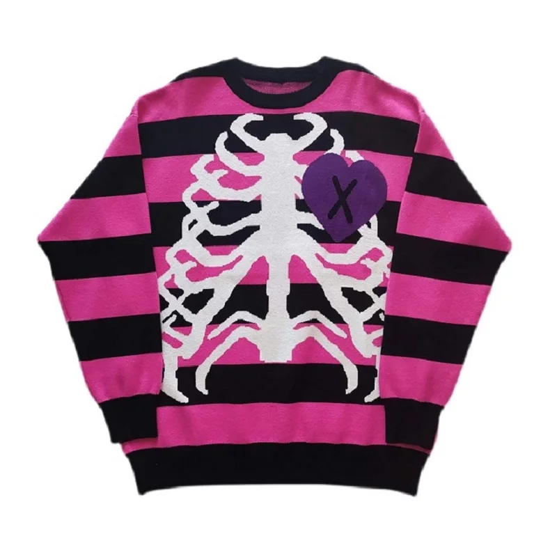 

Harajuku Gothic Skull Striped Knitted Sweater Men And Women Couples Winter New Japanese Kawaii Oversized Streetwear Pullover Top