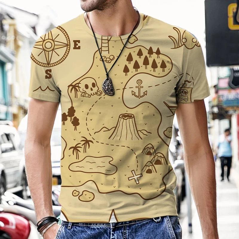 

Men's T-shirt Shorts Set Male Treasure Map Pattern Casual Short Sleeve 3D Print Clothes O-Neck Hip Hop Oversized Cool Tops Funny