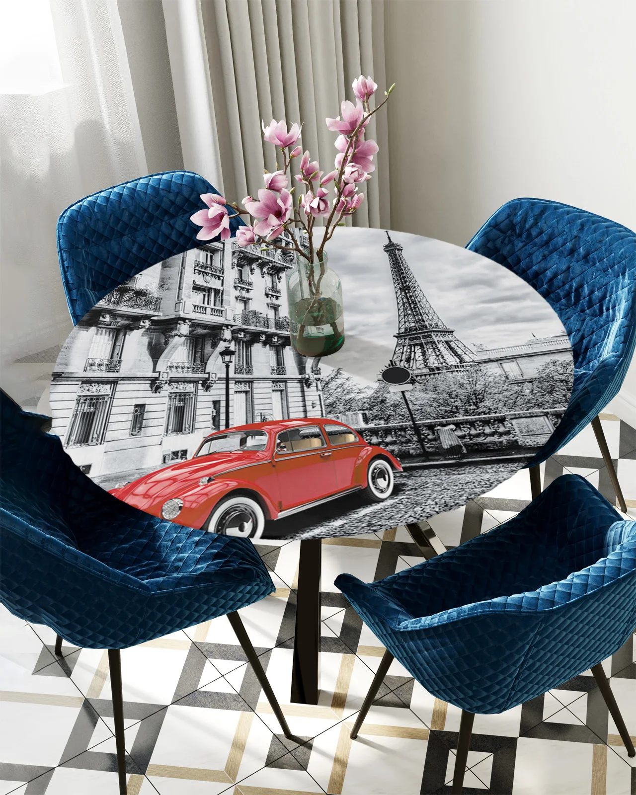 

Red Vintage Car Paris Tower Street Round Rectangular Waterproof Elastic Tablecloth Home Kitchen Dining Room Table Cloth Cover