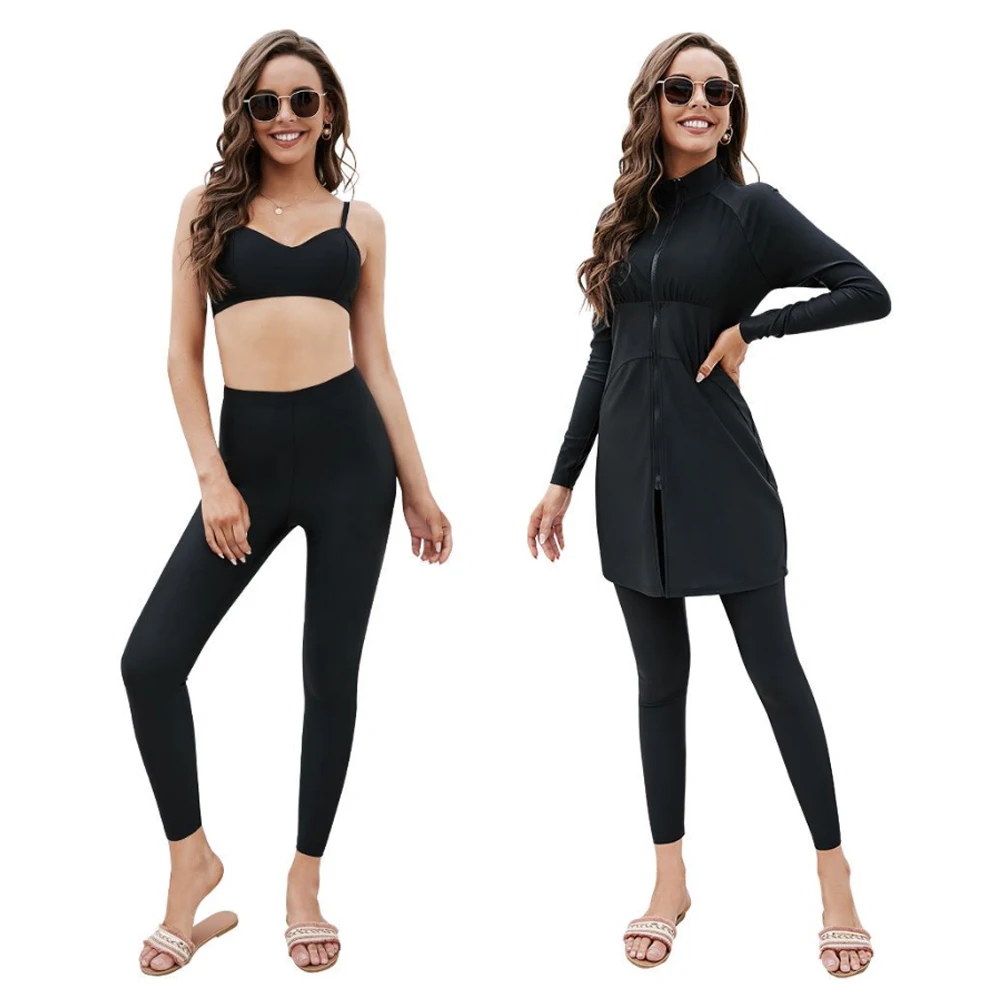 

3 Piece Swimsuit Muslim Burkini Swimwear Female High Elasticity Tight Black Long Sleeve Pant Outdoor Beach Swimming Suit Summer