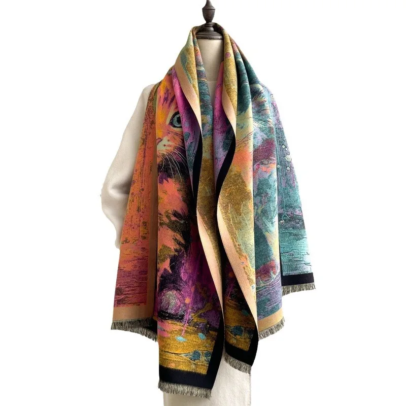 Красочный мультяшный кот 2024 новый роскошный зимний толстый теплый длинный шарф с