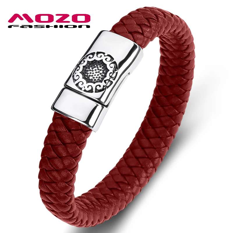 

MOZO FASHION Men Red Leather Bracelets Flowers Plants Stainless Steel Classics Bangle Boy's Gifts Casual Multiple Styles Jewelry