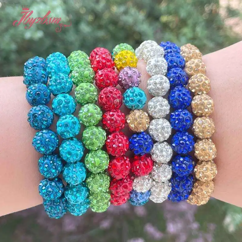 

10mm Micro Pave CZ Disco Multicolor Crystal Rhinestones Elastic Bracelet Bangle Jewelry for Women Birthday Gift Adjustable 1 Pcs