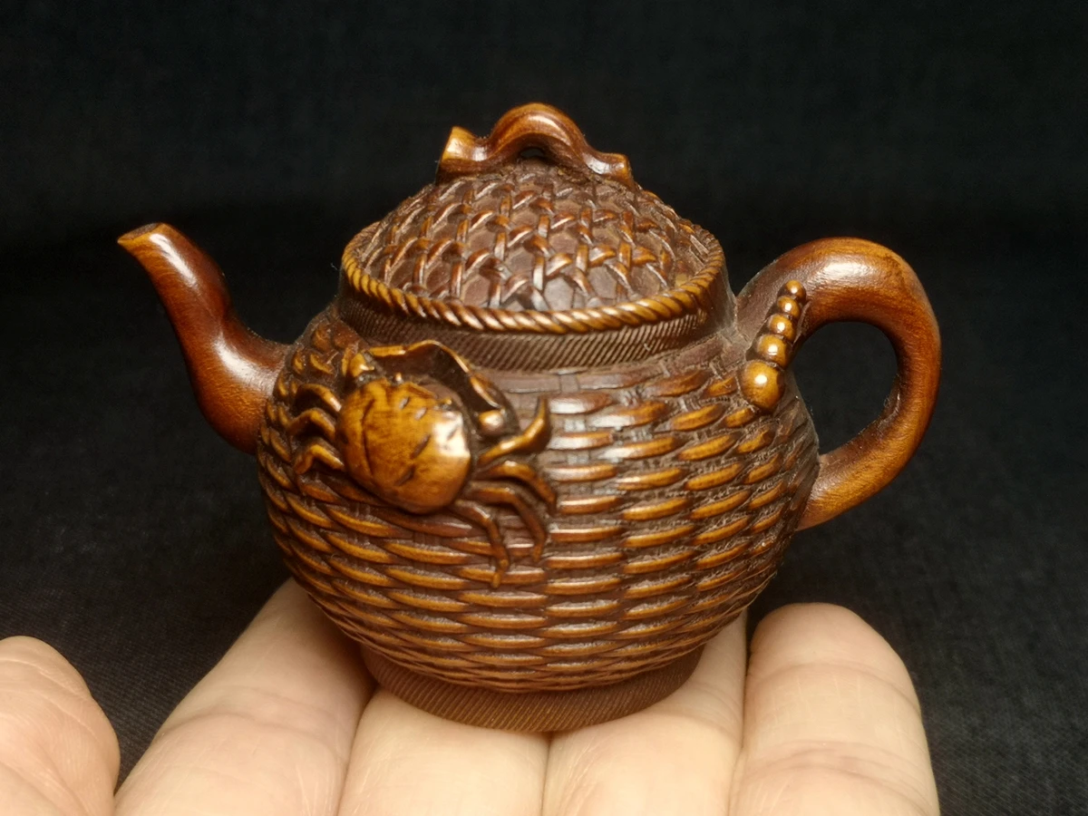 

L 7.5 CM Old Chinese boxwood hand carved crab knit pot kettle shape Fengshui table decoration collectable