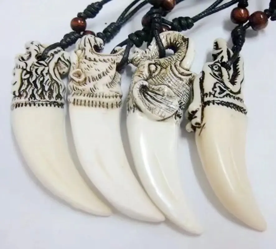 

12 pcs xyg Vintage Retro Hawaii Tribal tiger Necklace Imitation Yak Bone Carving Choker Pendant Surfer Amulet Cool Gift