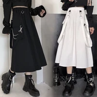 houzhou gothic long skirt techwear women grunge punk high waist chain pocket strap black cargo skirt goth harajuku streetwear