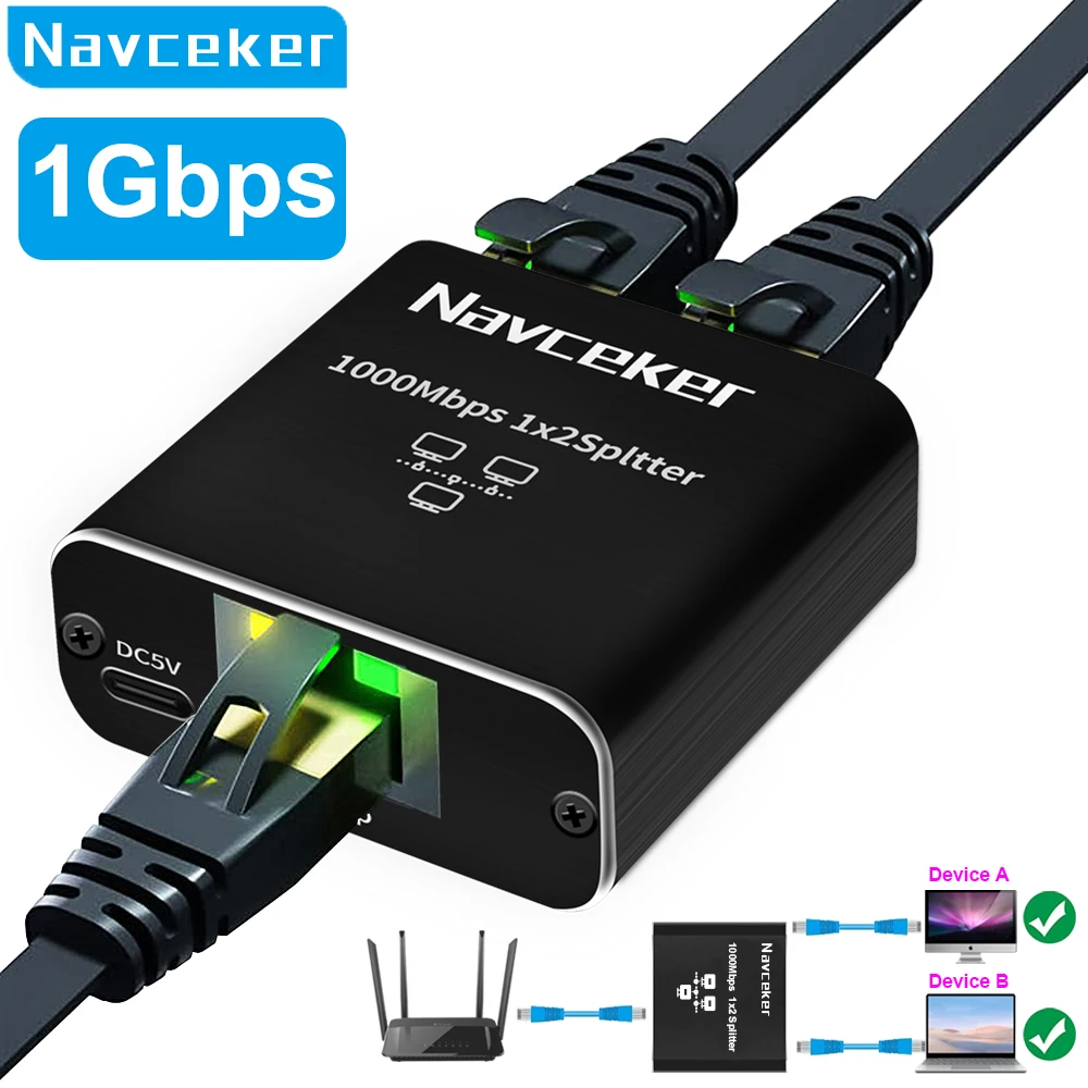 

Navceker 1 Gb RJ45 Splitter Connector Adapter 1 to 2 Ways Lan Ethernet Splitter Gigabit Coupler Connect Laptop Network Cable