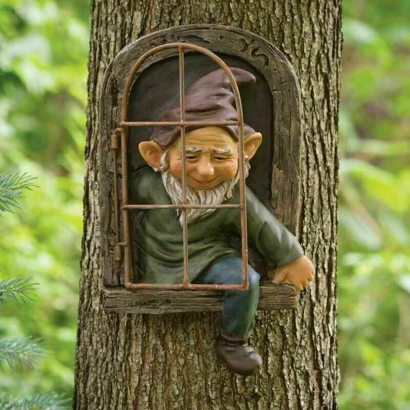 Elf Out The Door /Window Tree Hugger Naughty Garden Gnome Statue Tree Decor