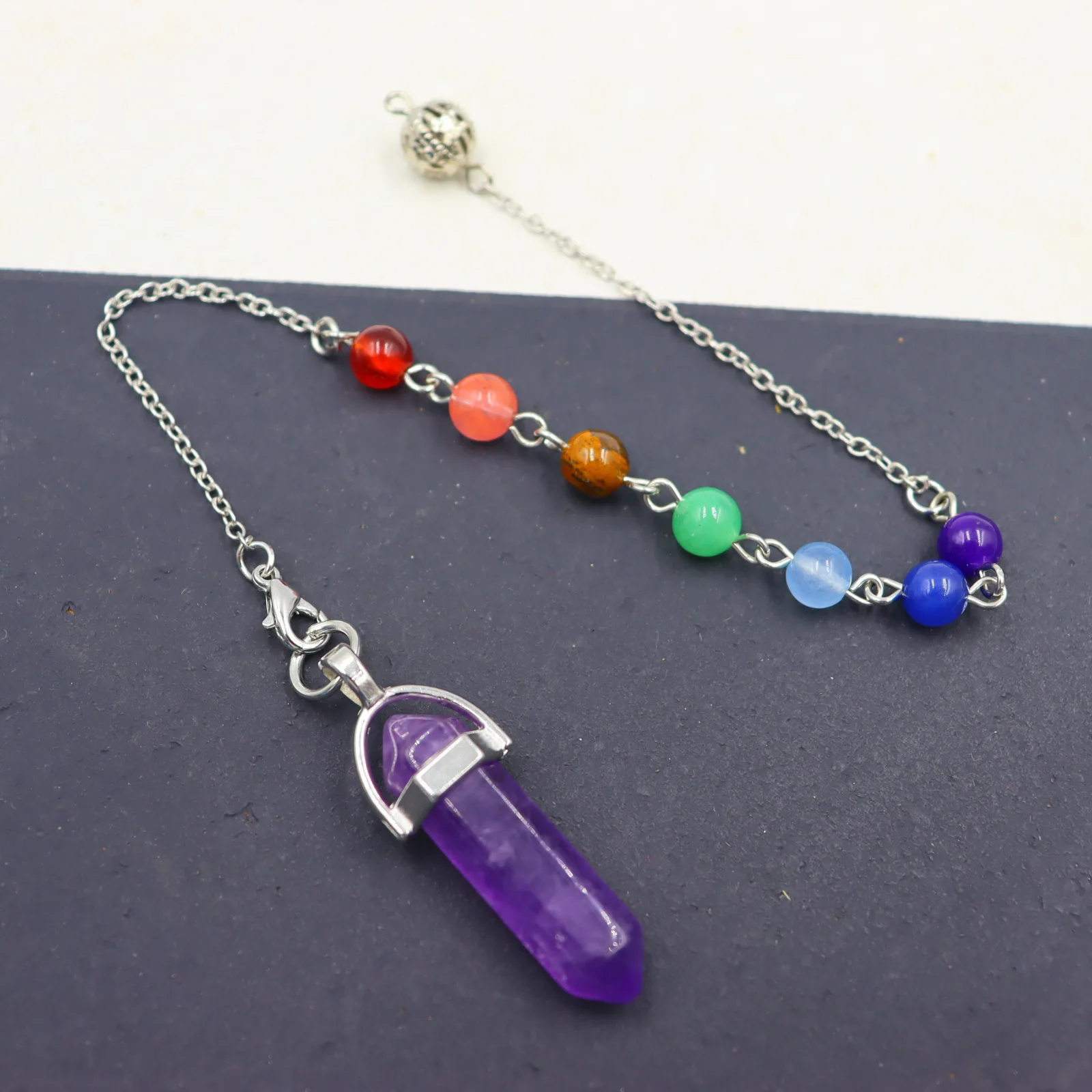 

7 Chakra Reiki Stone Beads Chain Pendulum Pillar Pendant Healing Crystal Amethysts Lapis Lazuli Charms Ornament